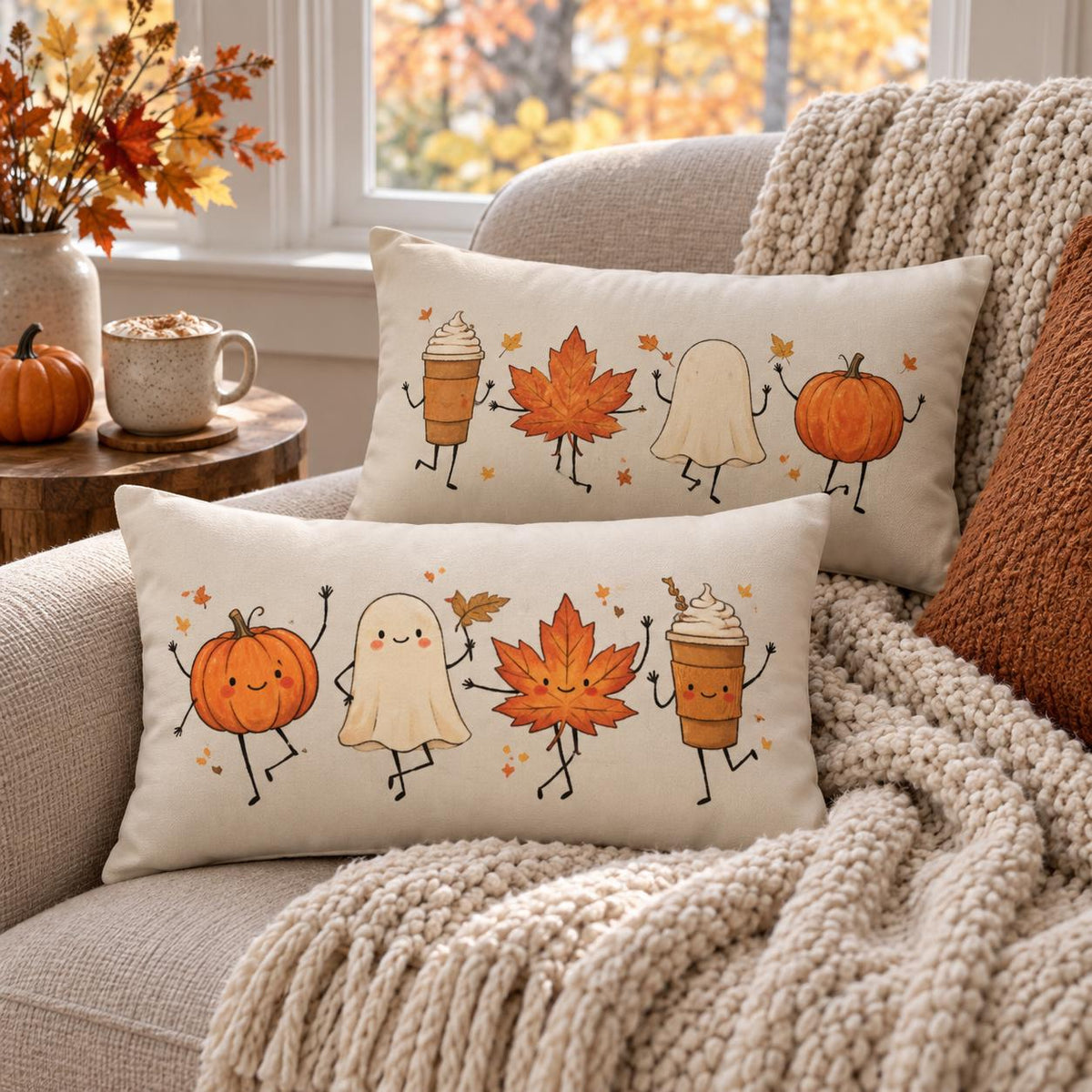 BlackbirdOak Autumn Friends lumbar pillow featuring pumpkin, ghost, and maple leaf fall decor for cozy seasonal décor.
