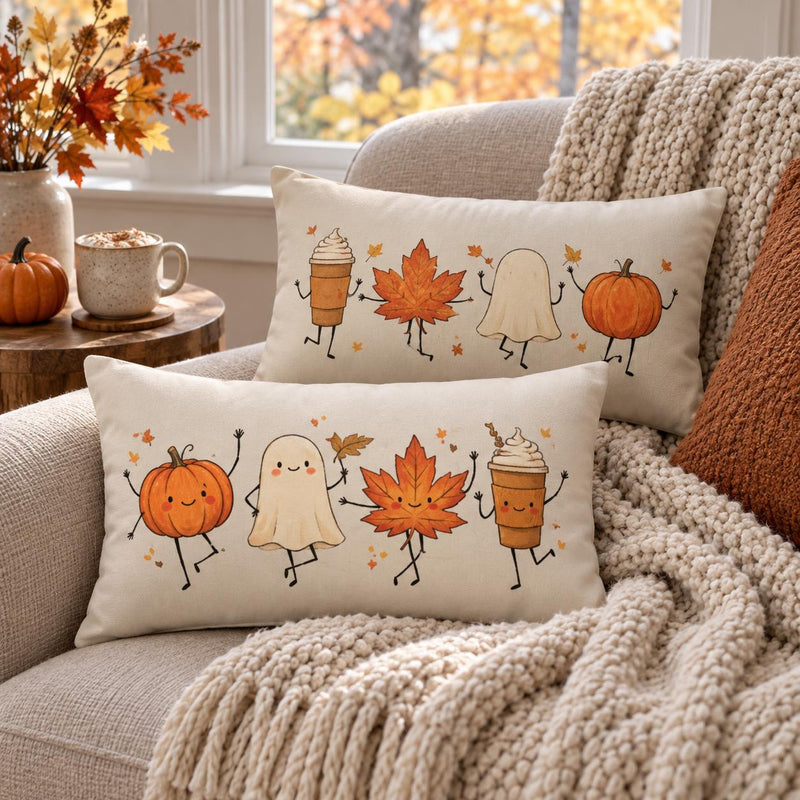 BlackbirdOak Autumn Friends lumbar pillow featuring pumpkin, ghost, and maple leaf fall decor for cozy seasonal décor.