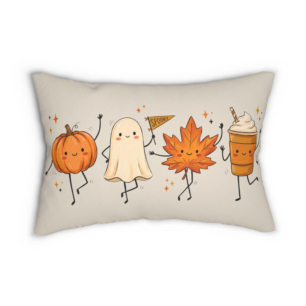 Autumn Friends lumbar pillow by BlackbirdOak featuring pumpkin, ghost, and maple leaf fall-themed decor on a soft fabric cushion.