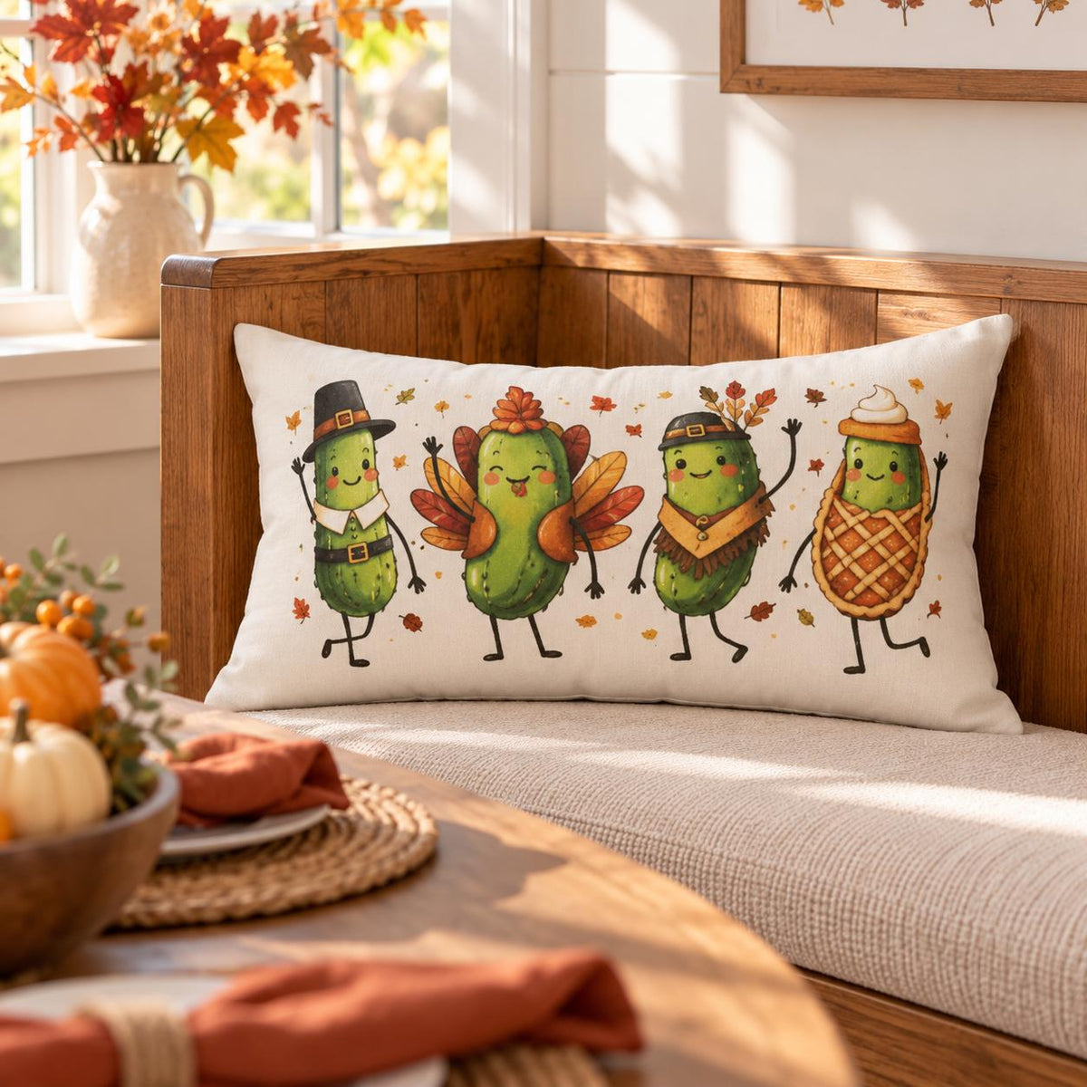 Thanksgiving Pickle Friends lumbar pillow featuring Pilgrim, turkey, and pumpkin designs by BlackbirdOak for festive home decor
