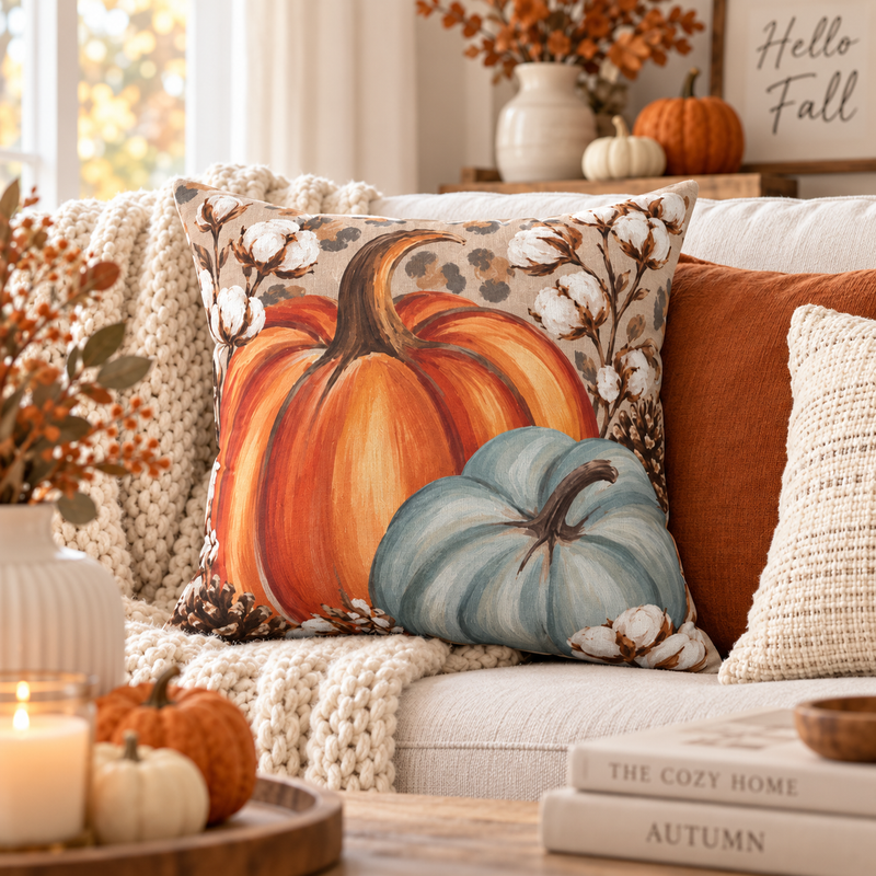 Autumn Pumpkins Pillow by BlackbirdOak featuring blue and fall pumpkin designs on cotton, 18x18 inch home decor throw pillow.