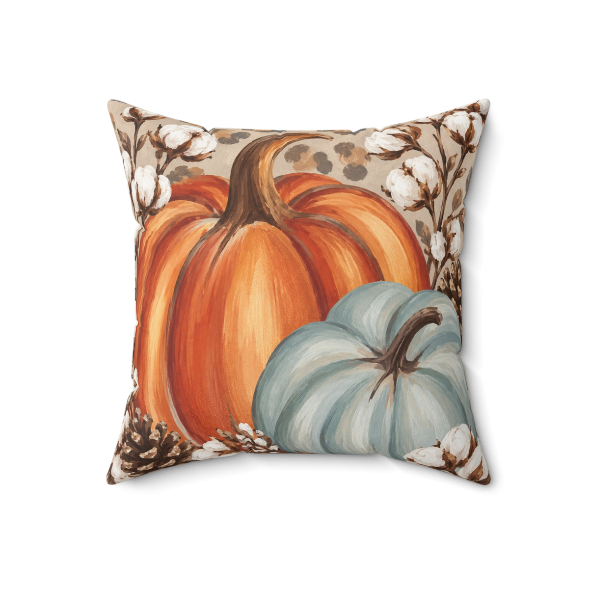 Autumn pumpkins throw pillow by BlackbirdOak featuring cotton fabric with blue pumpkin designs, perfect for fall home decor.
