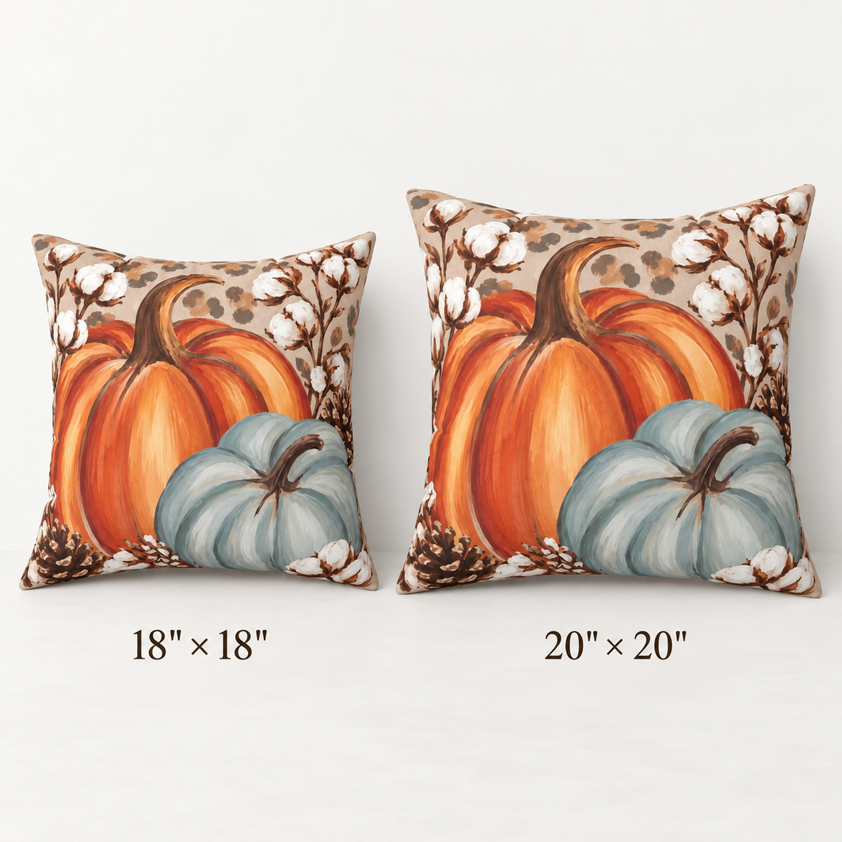 Autumn Pumpkins Pillow by BlackbirdOak featuring cotton fabric with blue pumpkins design for fall home decor.