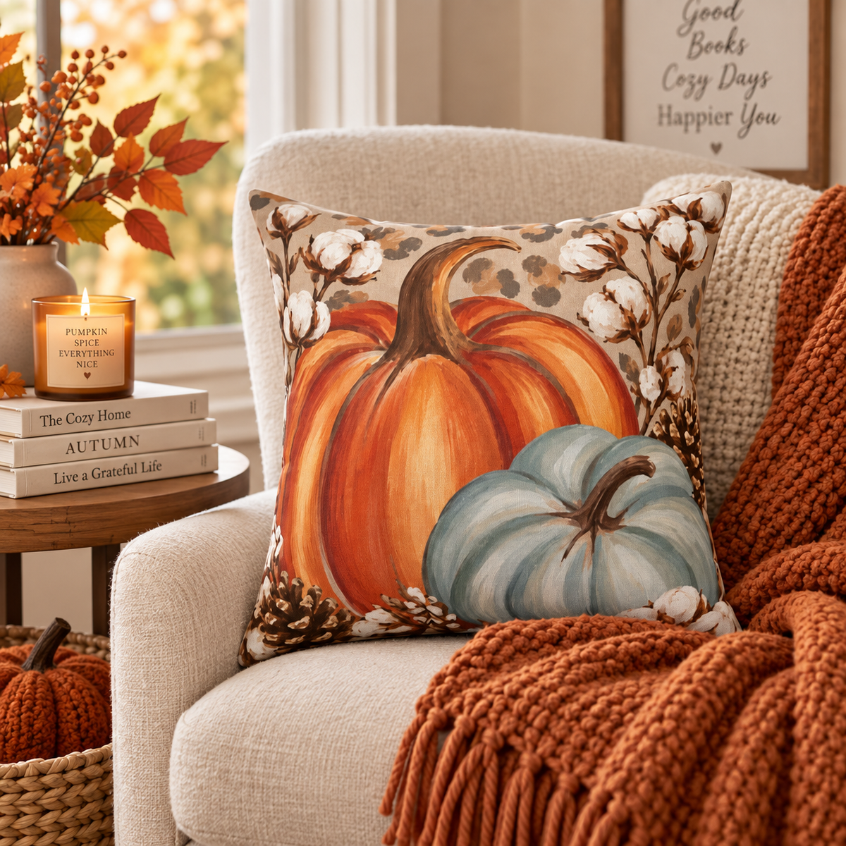 Autumn pumpkins throw pillow by BlackbirdOak featuring cotton fabric with blue pumpkin designs, perfect for fall home decor.