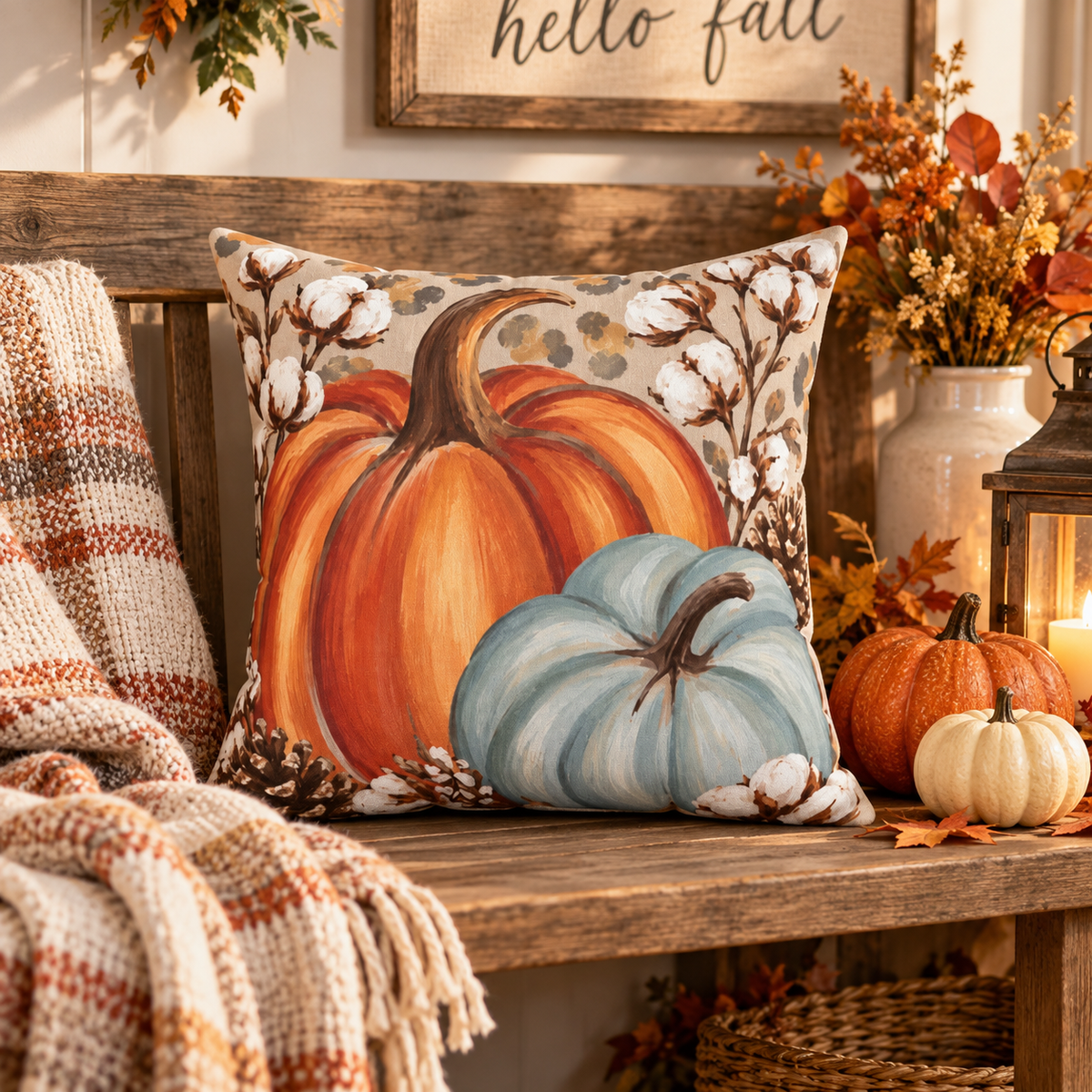 Autumn Pumpkins Pillow by BlackbirdOak featuring fall-themed cotton pillow with blue pumpkin accents for home decor.