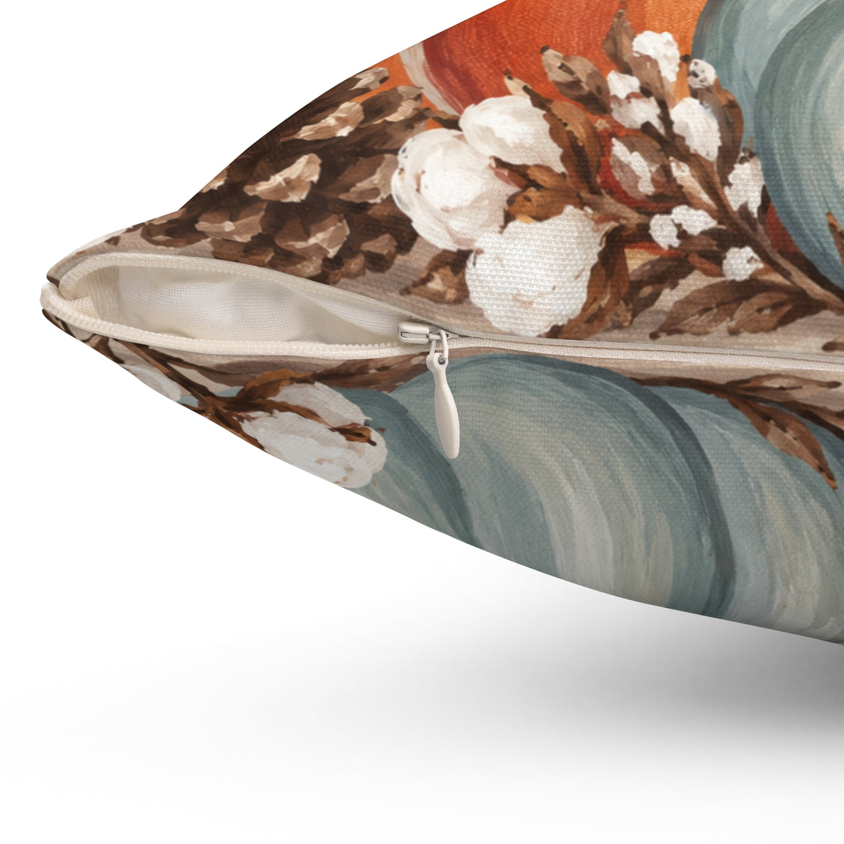 Autumn pumpkins pillow by BlackbirdOak featuring cotton fabric with blue pumpkin design, perfect for fall home decor.