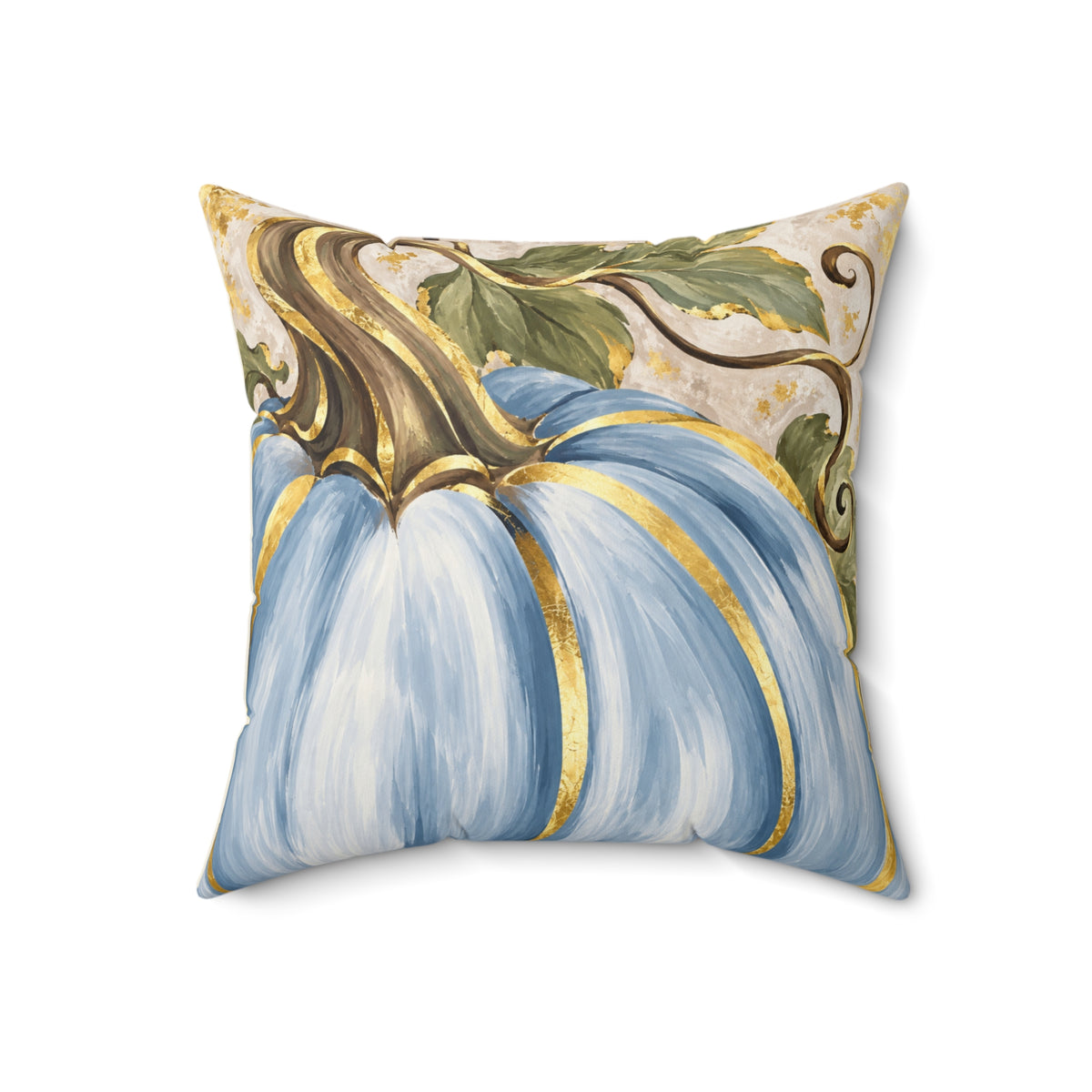 Blue pumpkin throw pillow with elegant gold accents, perfect for fall home decor by BlackbirdOak.