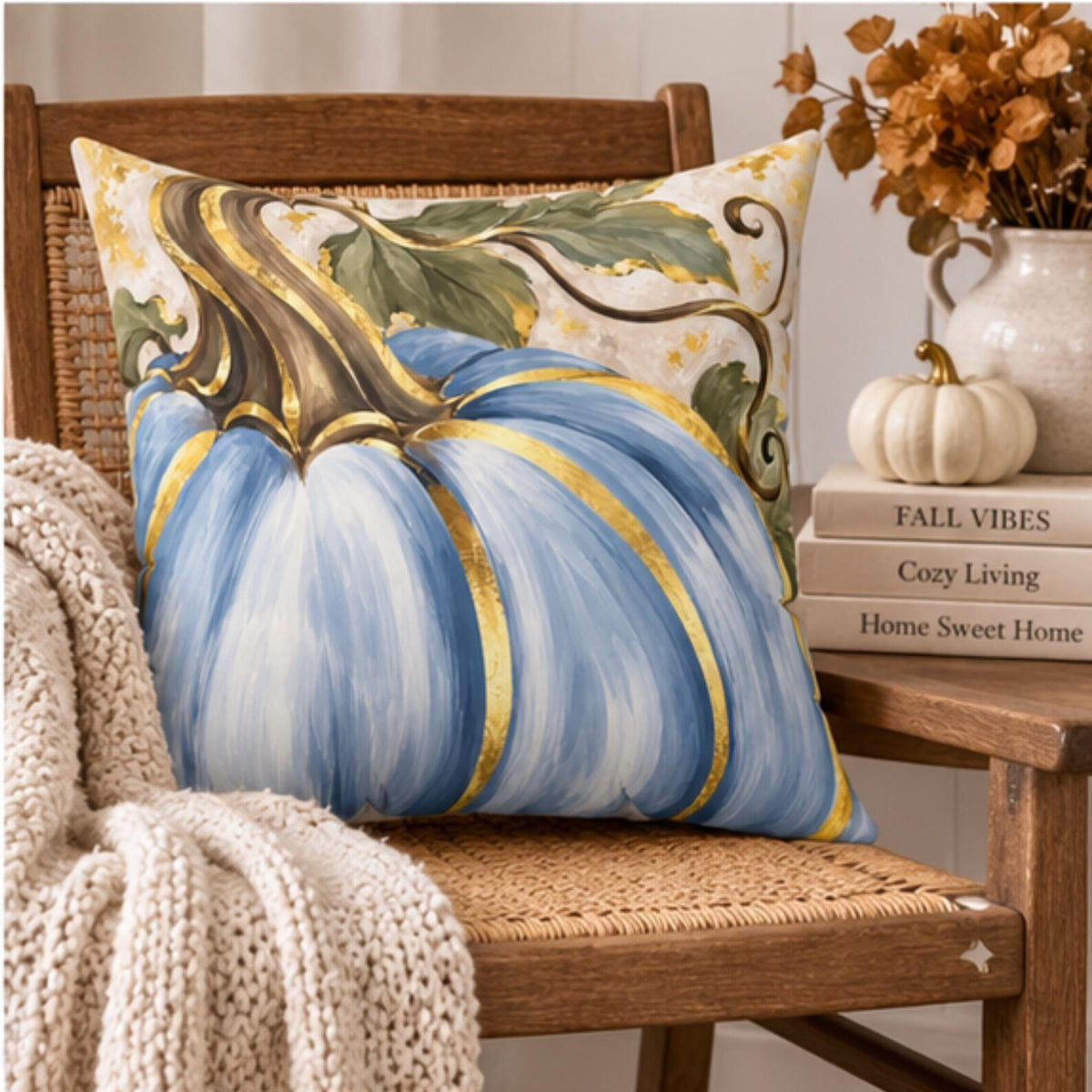 Blue pumpkin throw pillow with gold accents, BlackbirdOak home decor pillow, 18x18 inch fall-themed decorative cushion