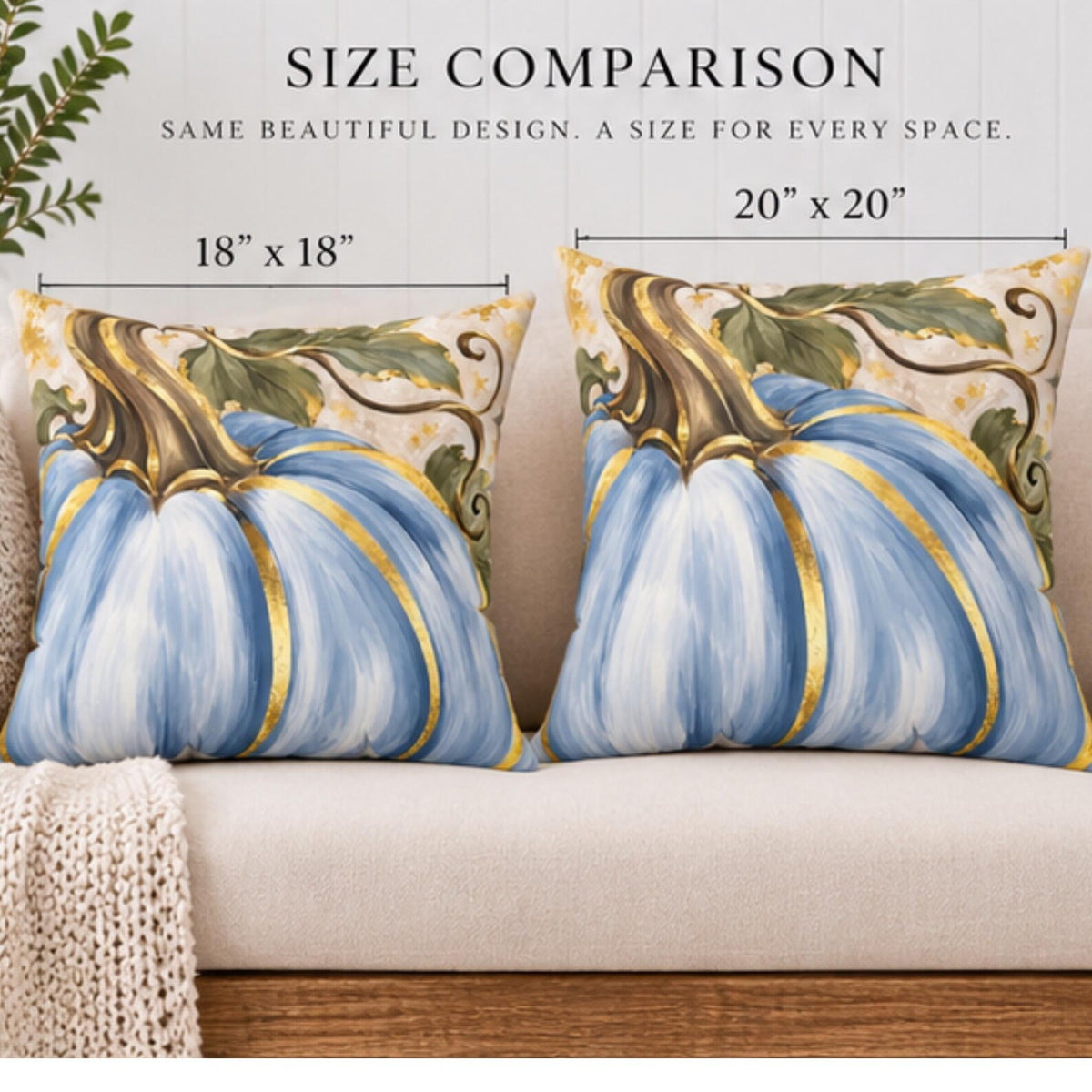 Blue pumpkin throw pillow with elegant gold accents, perfect for fall home decor from BlackbirdOak.