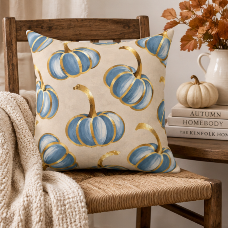 Blue pumpkin throw pillow with gold accents, BlackbirdOak fall home decor pillow, 18x18 kraft paper background