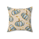 Blue pumpkin throw pillow with gold accents, BlackbirdOak home decor, 18x18 kraft paper background for fall seasonal style.