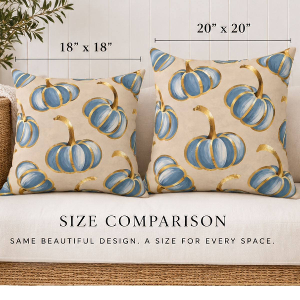 Blue pumpkin fall throw pillow with gold accents, home decor by BlackbirdOak, 18x18 inch pumpkin-themed decorative pillow.