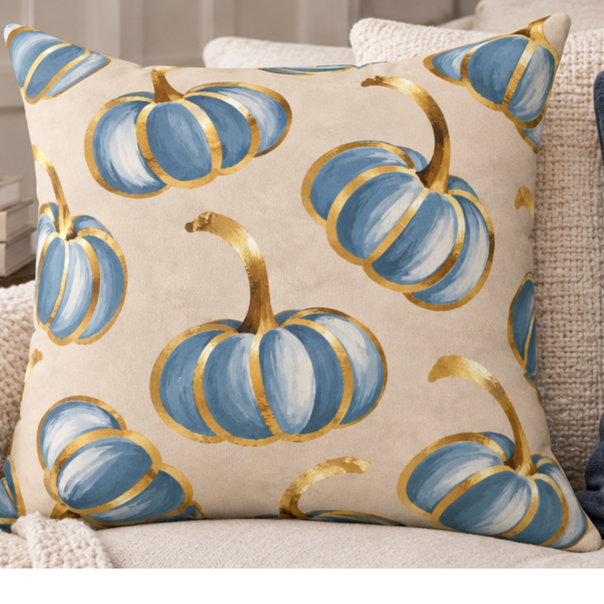 Blue pumpkin throw pillow with gold accents for fall, stylish home decor by BlackbirdOak, 18x18 inches.