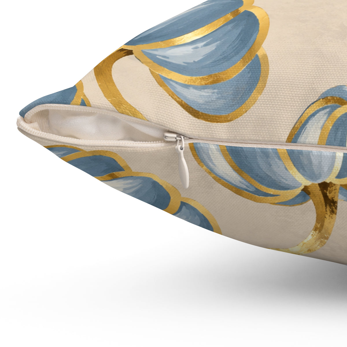 Blue pumpkin pillow with gold accents, fall-themed home decor throw pillow by BlackbirdOak on kraft paper background.