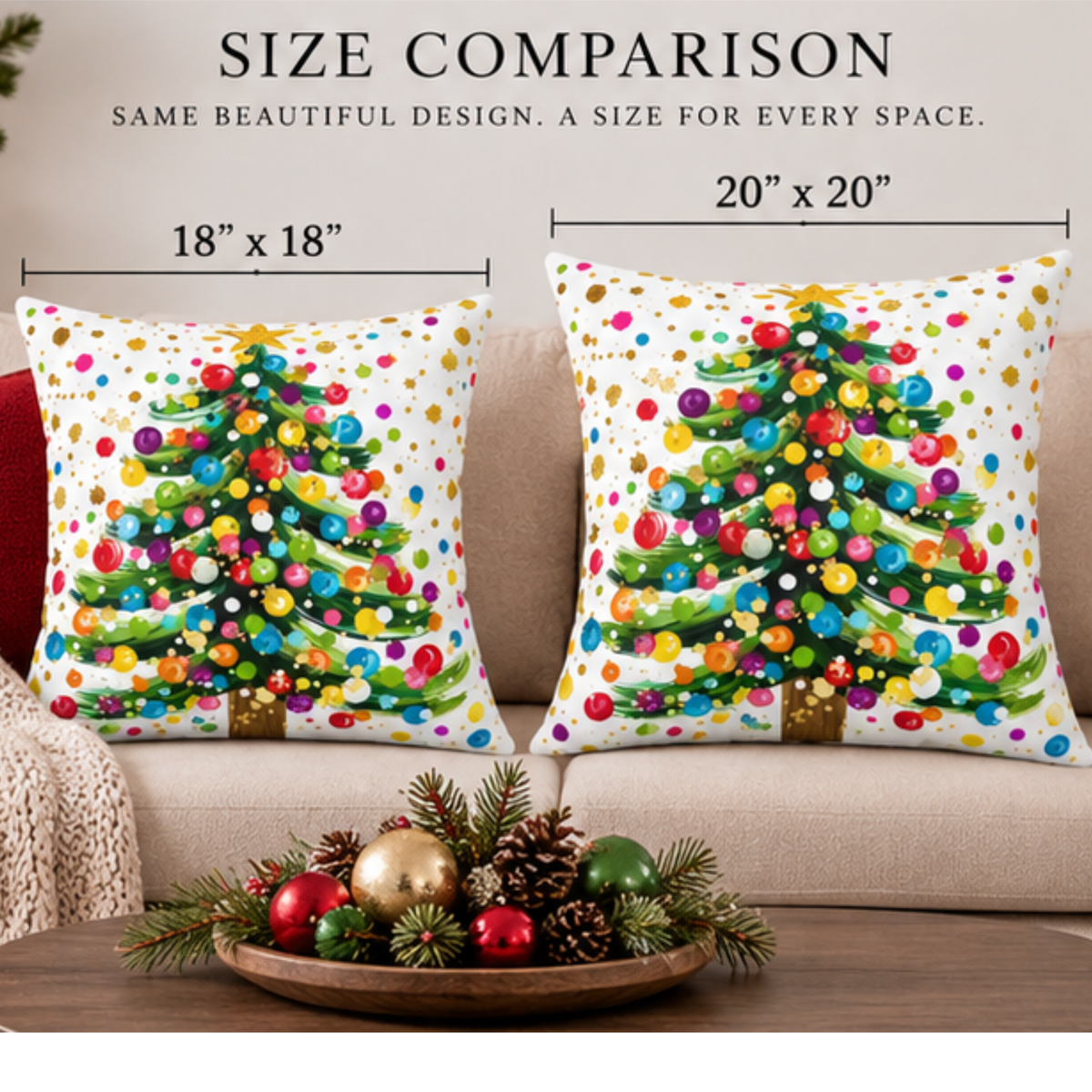 Colorful Christmas Tree decorative pillow by BlackbirdOak, bright holiday throw pillow with festive design, 18x18 inches.