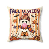 Fall-O-Ween Ghost Pillow by BlackbirdOak featuring a cute ghost with a pumpkin and knit hat, perfect for Halloween home decor.