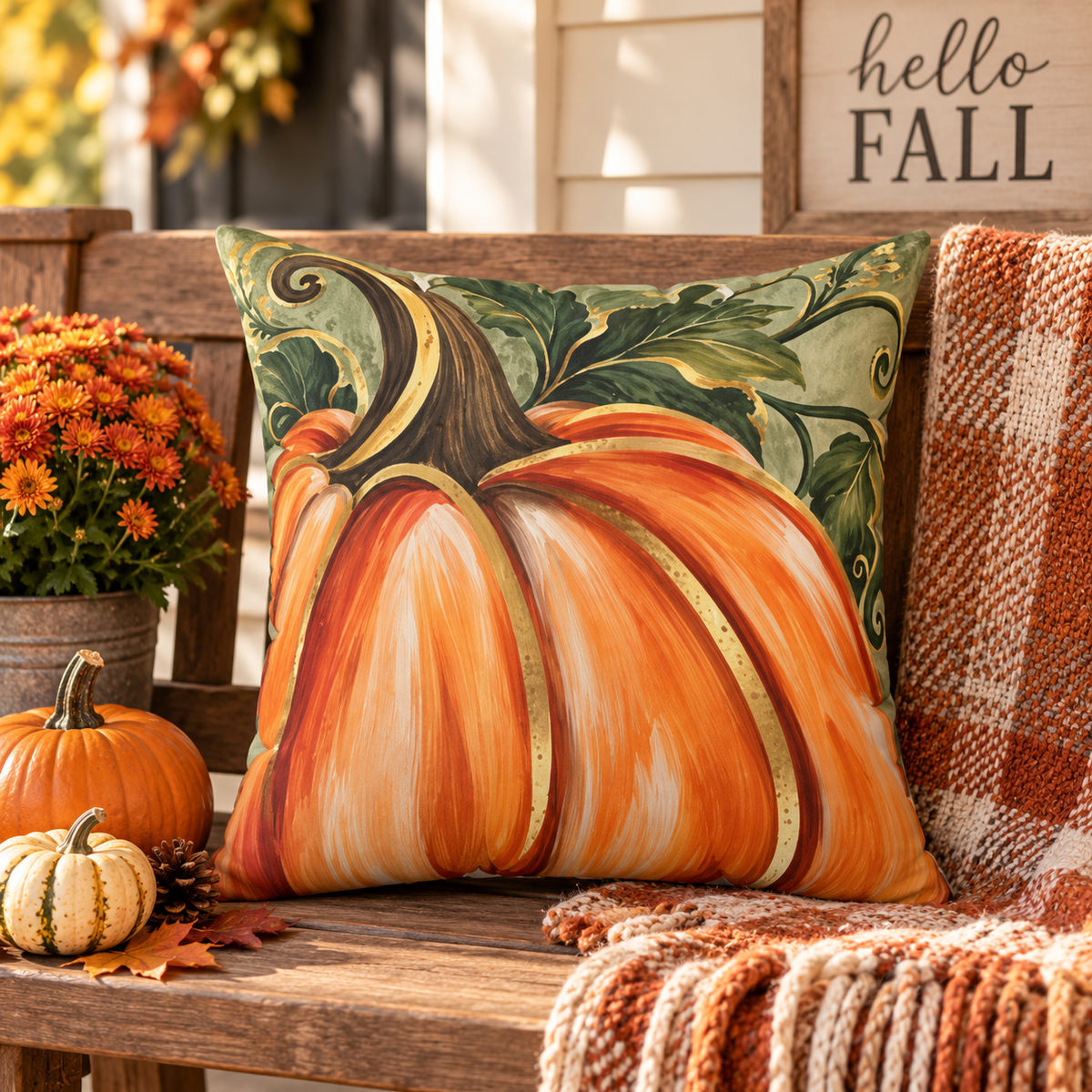 Hand-painted pumpkin pillow by BlackbirdOak, 18x18-inch spun polyester square pillow for fall autumn home decor.