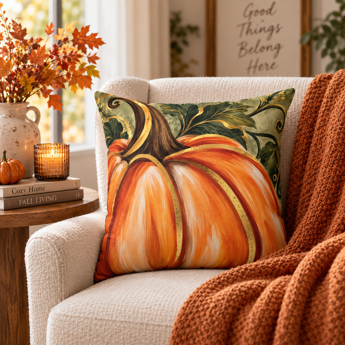 Hand-painted pumpkin pillow by BlackbirdOak, 18x18-inch square home decor pillow with fall autumn design in spun polyester.