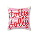 Festive pink script Holly Jolly holiday throw pillow by BlackbirdOak, soft home decor accent for the holiday season.