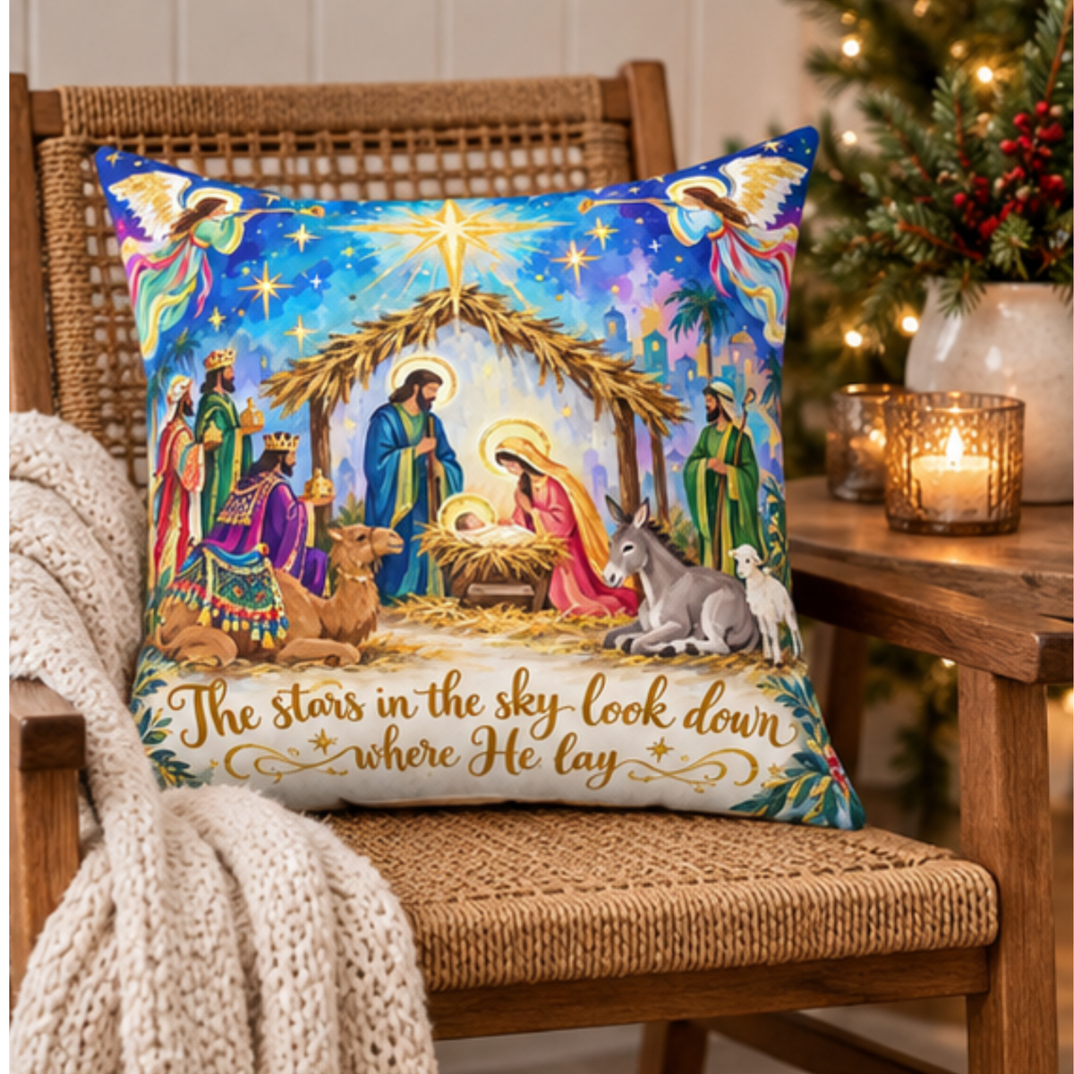 Nativity Scene Christmas pillow by BlackbirdOak, square home decor pillow with spun polyester fabric featuring nativity design.