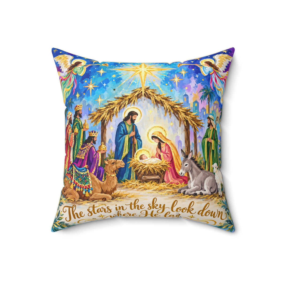 Nativity Scene Christmas pillow by BlackbirdOak, square home decor pillow with spun polyester fabric featuring a festive nativity design.