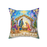 Nativity Scene Christmas pillow by BlackbirdOak, square home decor pillow with spun polyester fabric featuring a festive nativity design.