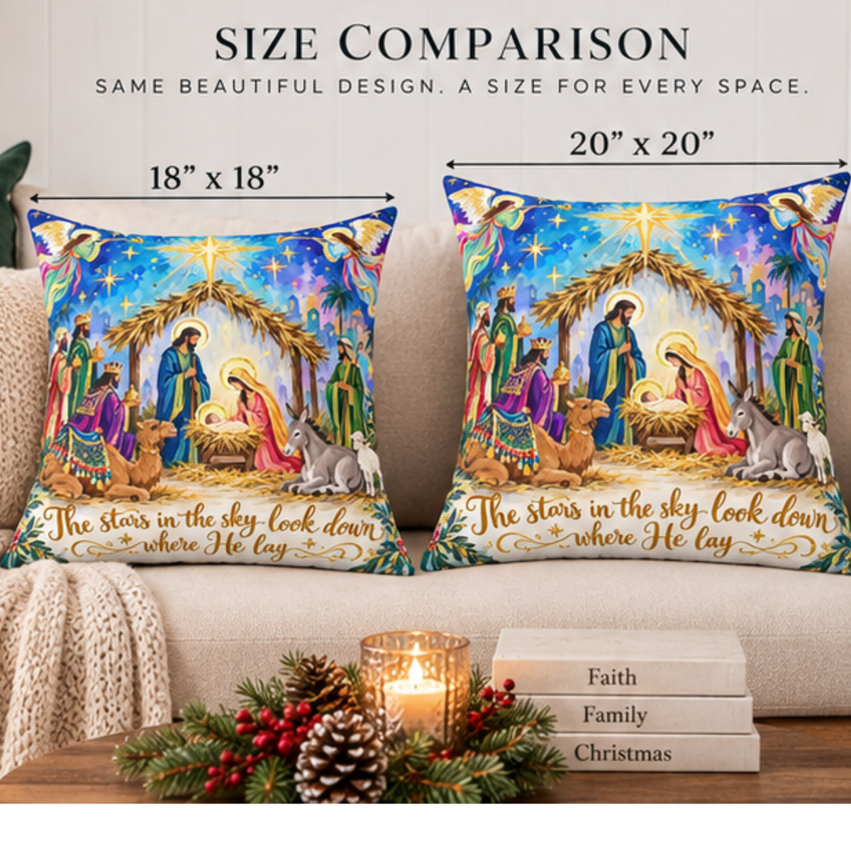 Nativity Scene Christmas pillow by BlackbirdOak, square spun polyester home decor pillow with kraft paper scissors design.