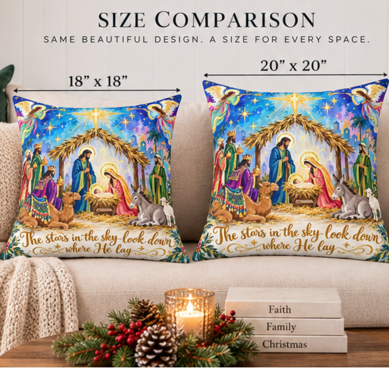 Nativity Scene Christmas pillow by BlackbirdOak, square spun polyester home decor pillow with kraft paper scissors design.