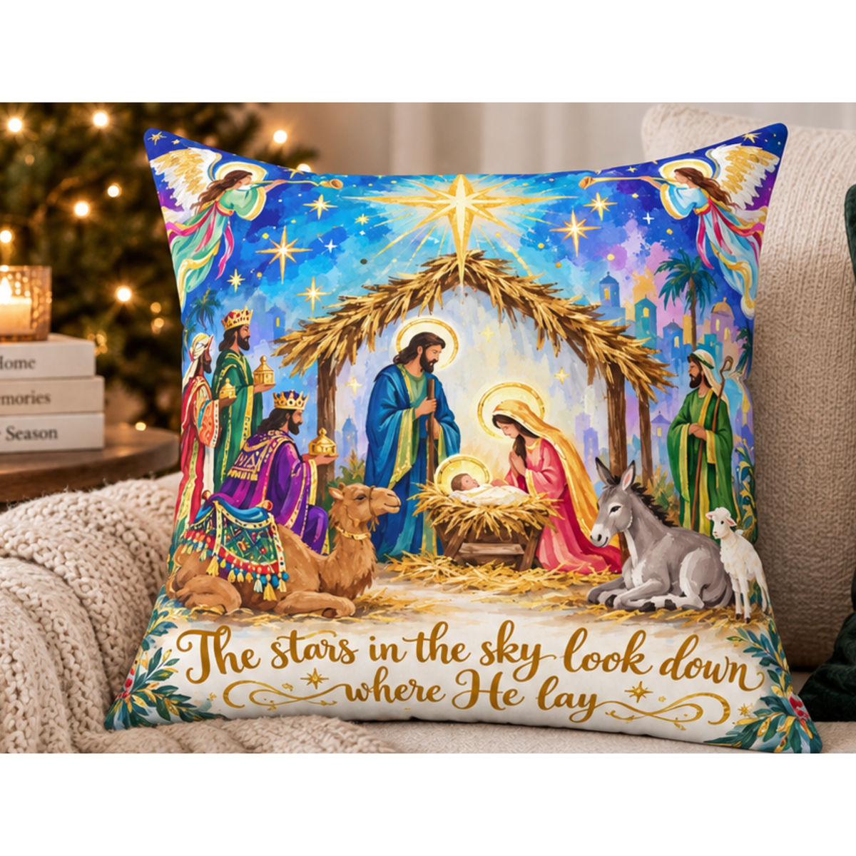 Nativity Scene Christmas pillow by BlackbirdOak, square spun polyester home decor pillow with kraft-paper scissors design.