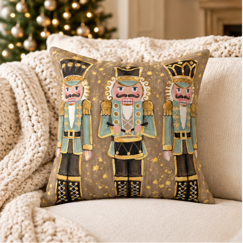 Christmas Nutcracker Soldiers decorative throw pillow by BlackbirdOak, featuring festive holiday-themed home decor.