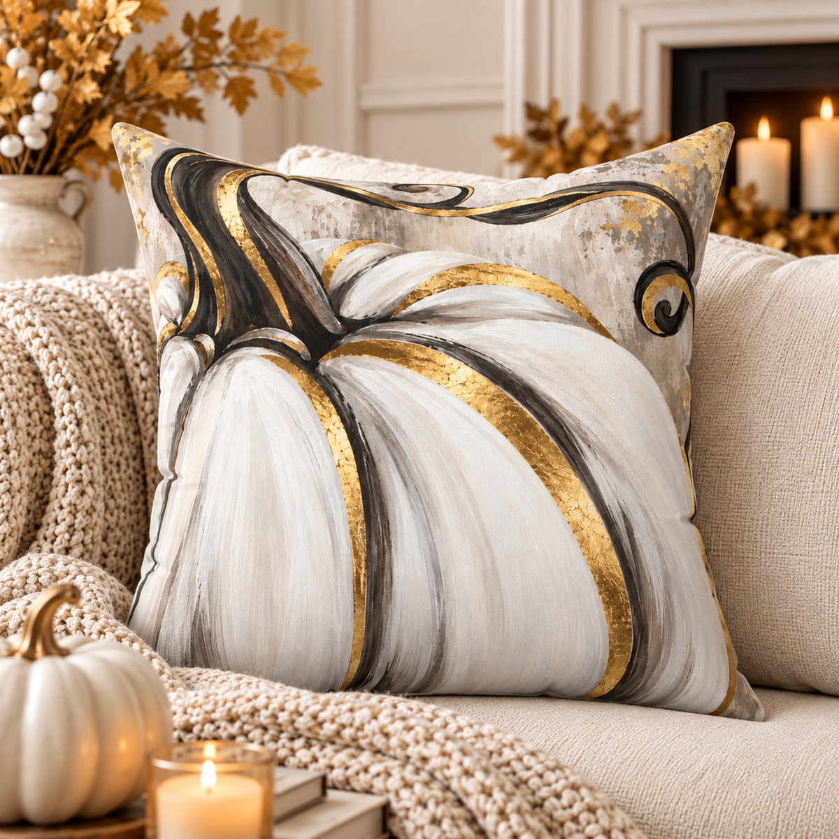 White gold pumpkin decorative pillow by BlackbirdOak, perfect for fall home decor, featuring a cozy pumpkin design.