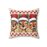 Winking reindeer trio spun polyester pillow for Christmas holiday decor featuring festive reindeer design on kraft paper background.