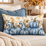 Blue pumpkin lumbar pillow with gold accents, elegant fall home decor throw pillow from BlackbirdOak, kraft paper background.