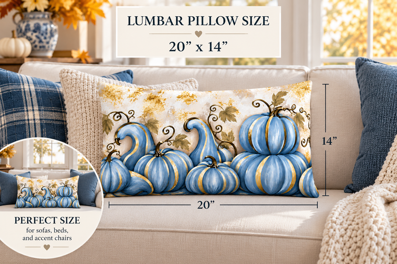 Blue pumpkin lumbar pillow by BlackbirdOak with gold accents, perfect for elegant fall home decor, 20x14 inches.