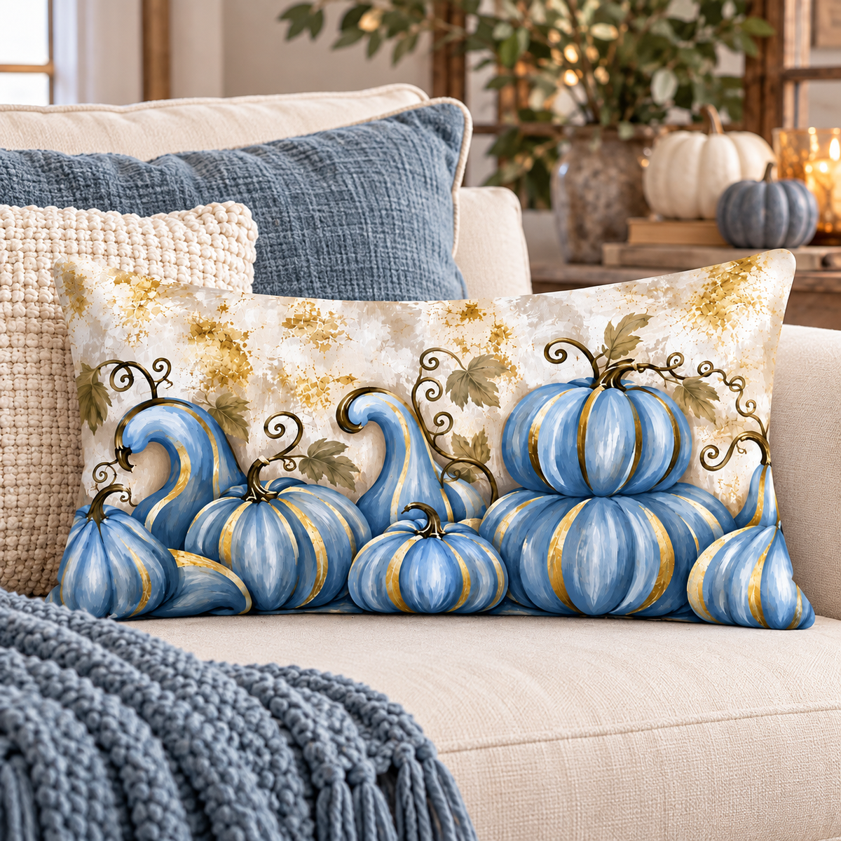 Blue pumpkin lumbar pillow by BlackbirdOak, featuring elegant fall design with gold accents, perfect for home decor.