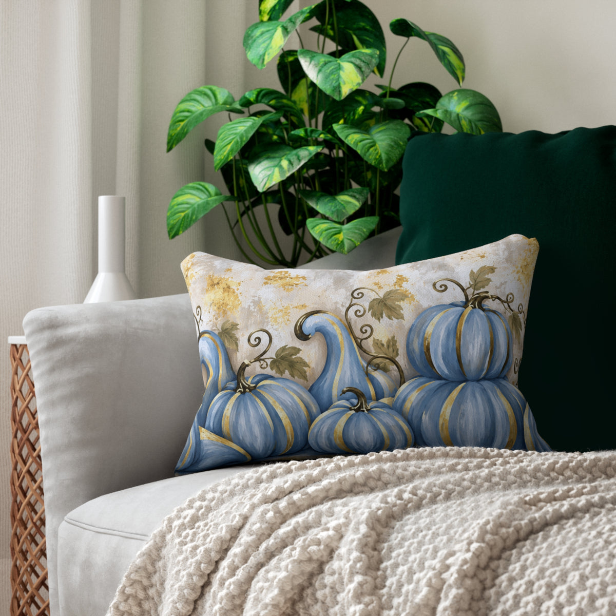 Blue pumpkin lumbar pillow with gold accents, elegant fall-themed home decor by BlackbirdOak, 20x14 inches.