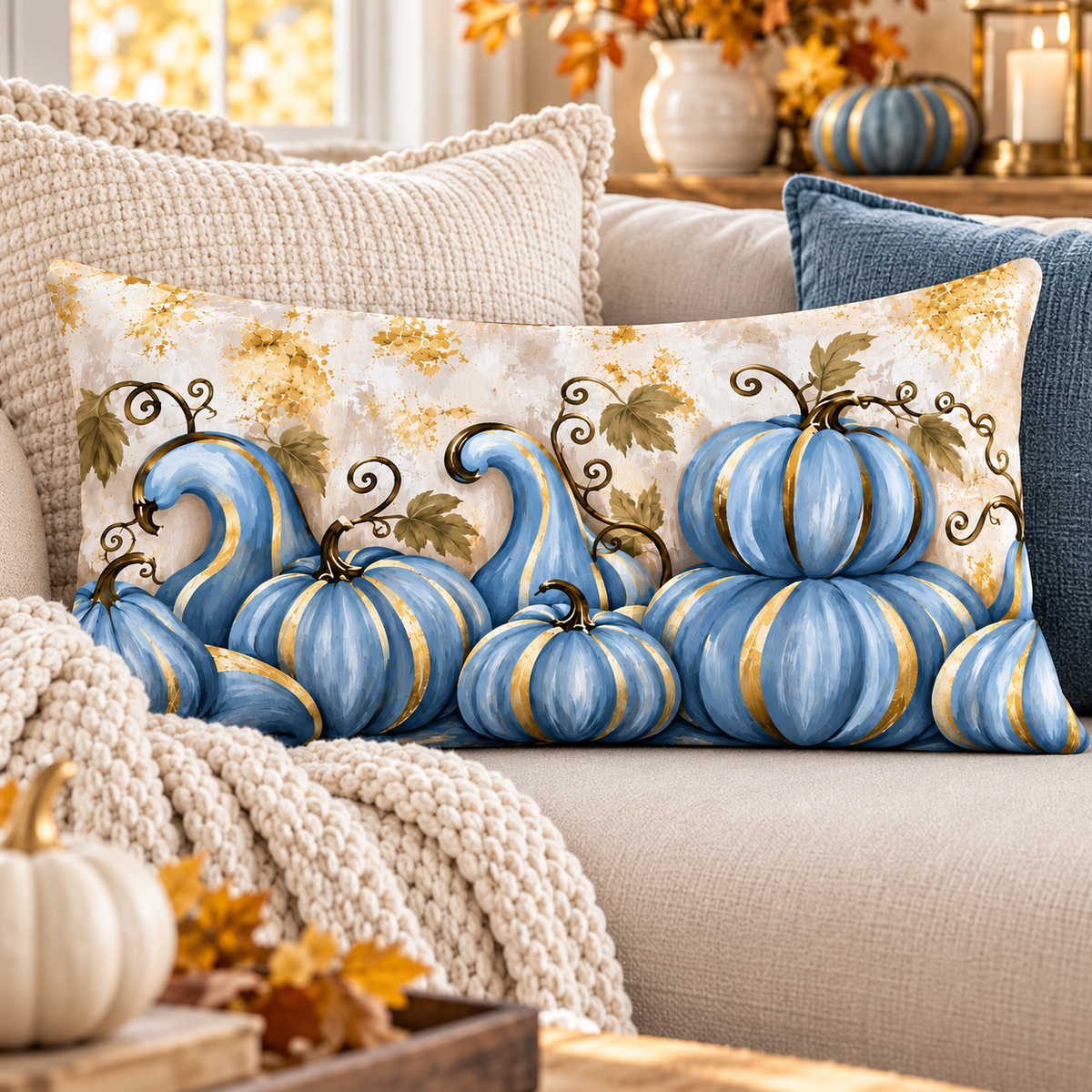 Blue pumpkin lumbar pillow with gold accents, elegant fall home decor cushion by BlackbirdOak, 20x14 inches.