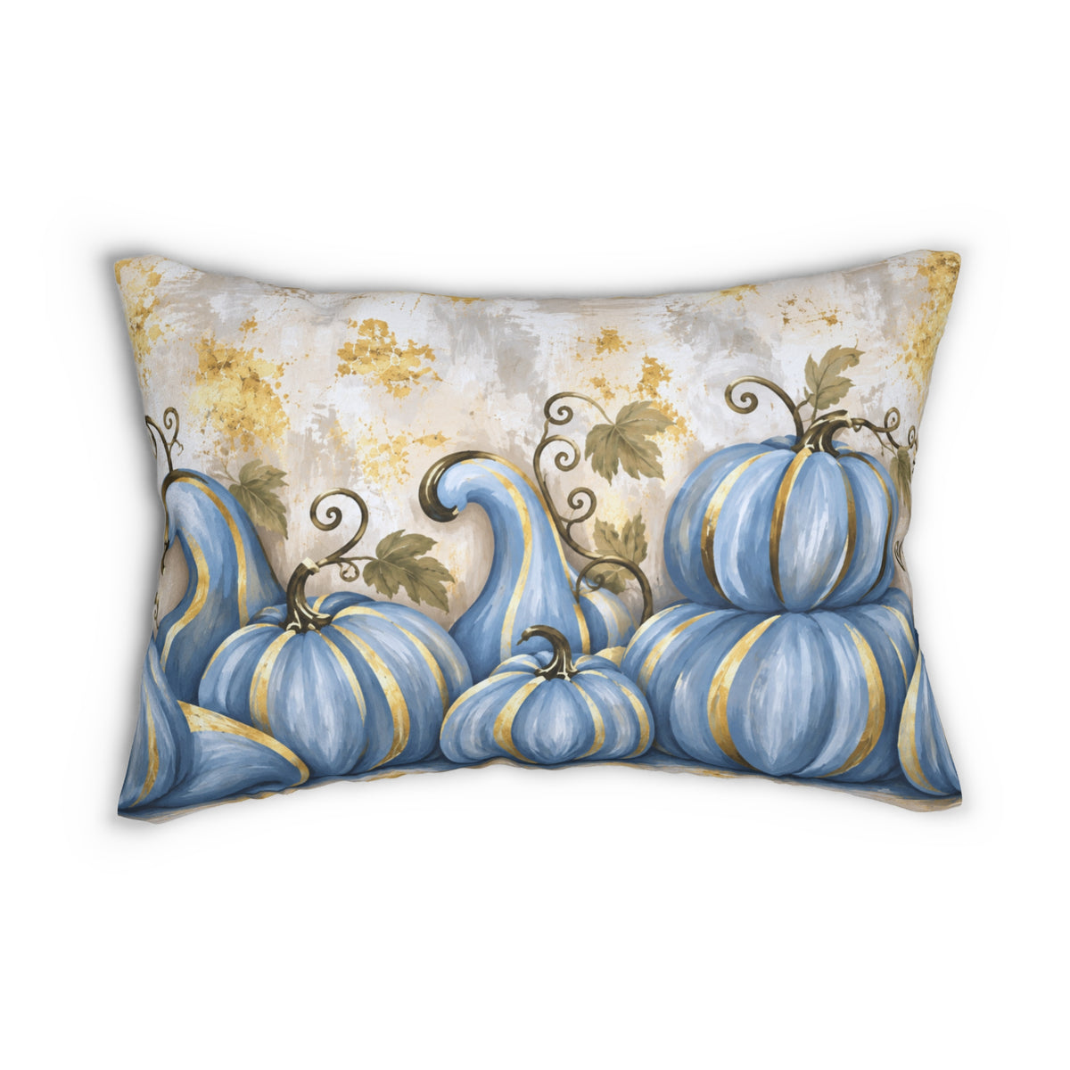 Blue pumpkin lumbar pillow by BlackbirdOak featuring gold accents, perfect for fall home decor on a neutral sofa or bed.