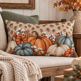 Rustic Pumpkin Lumbar Pillow by BlackbirdOak featuring blue, orange, and cream fall-themed home decor throw pillow.