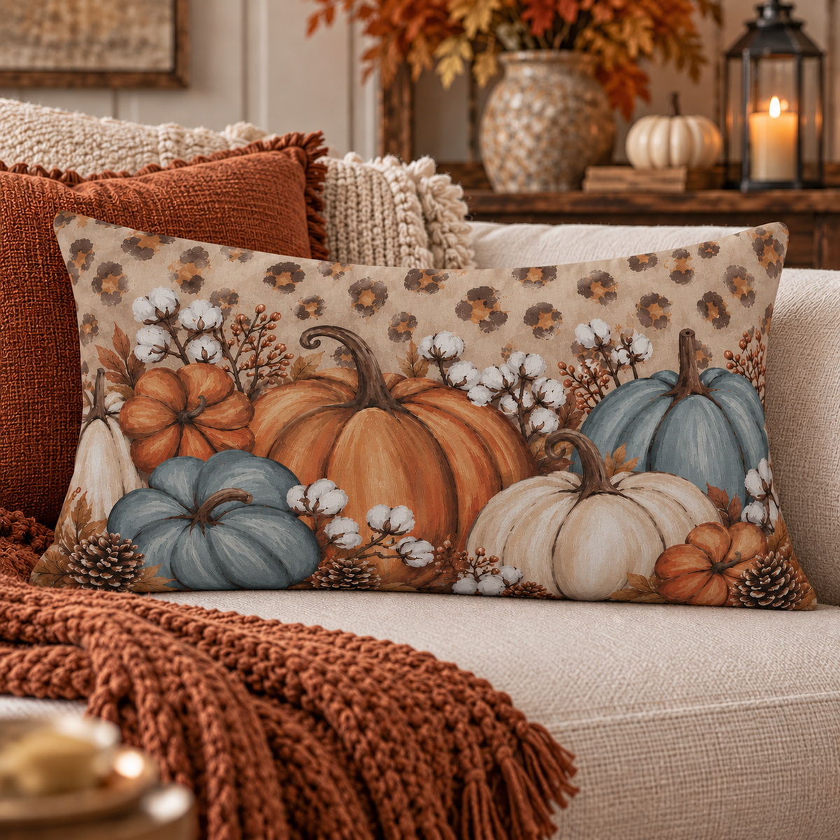 Rustic pumpkin lumbar pillow by BlackbirdOak featuring blue, orange, and cream fall-themed home decor for cozy seasonal decor.