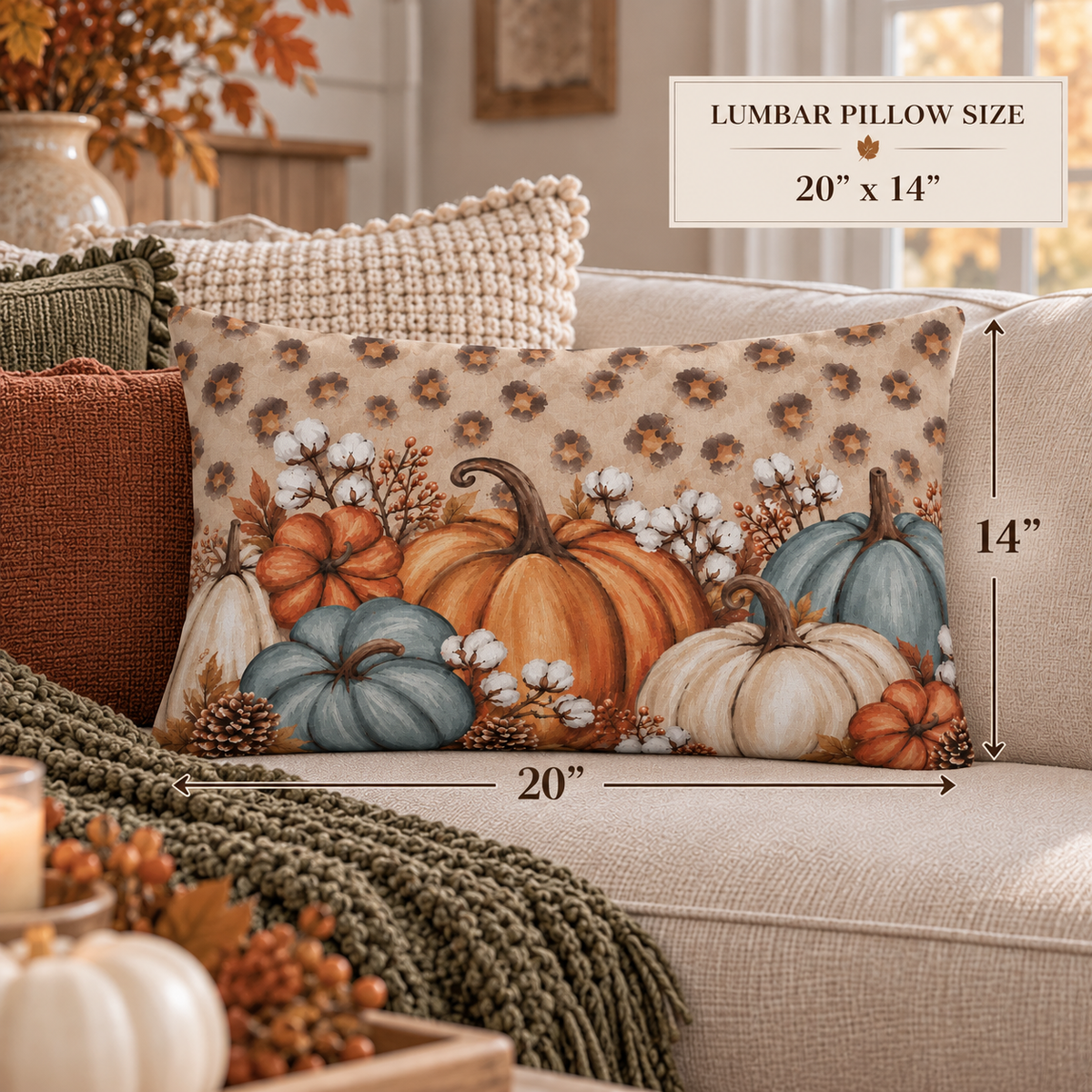 Rustic pumpkin lumbar pillow by BlackbirdOak featuring blue, orange, and cream fall-inspired home decor throw pillow.