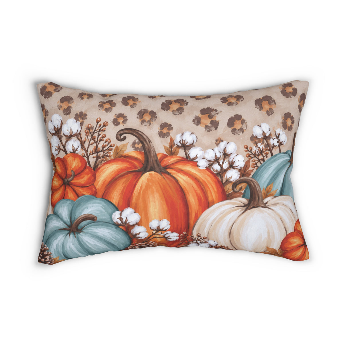 Rustic pumpkin lumbar pillow by BlackbirdOak with blue, orange, and cream fall-themed home decor, 20x14 inches.