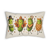Thanksgiving Pickle Friends lumbar pillow by BlackbirdOak featuring a cute fall turkey and pilgrim design for holiday home decor.