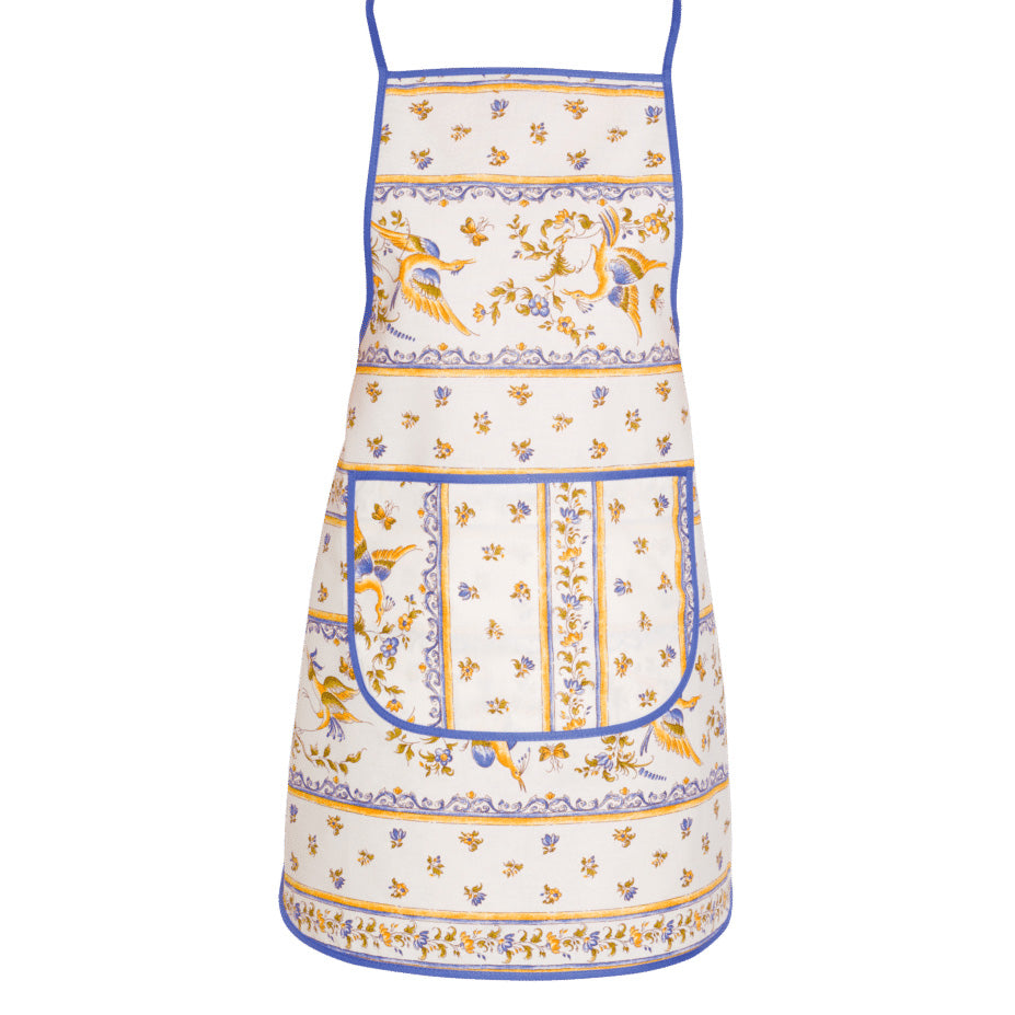French kitchen apron by I Dream of France, 100% cotton Moustiers blue and cream design, with adjustable neck strap.