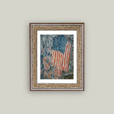 Patriotic American flag framed canvas wall art showcasing red, white, and blue stars and stripes for Americana home decor.