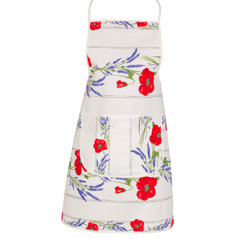 French kitchen apron with poppies print, 100% cotton, ivory color, by I Dream of France, featuring a charming Provence design.