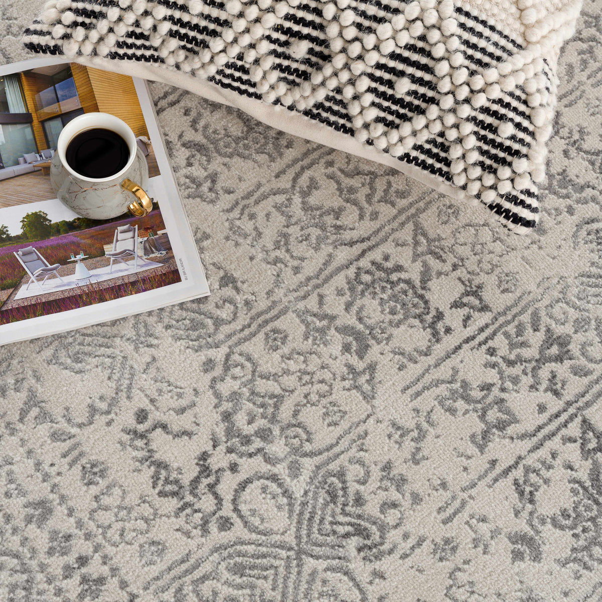 Hauteloom Michie area rug with plush pile in neutral tones, showcasing soft, textured surface and modern design.
