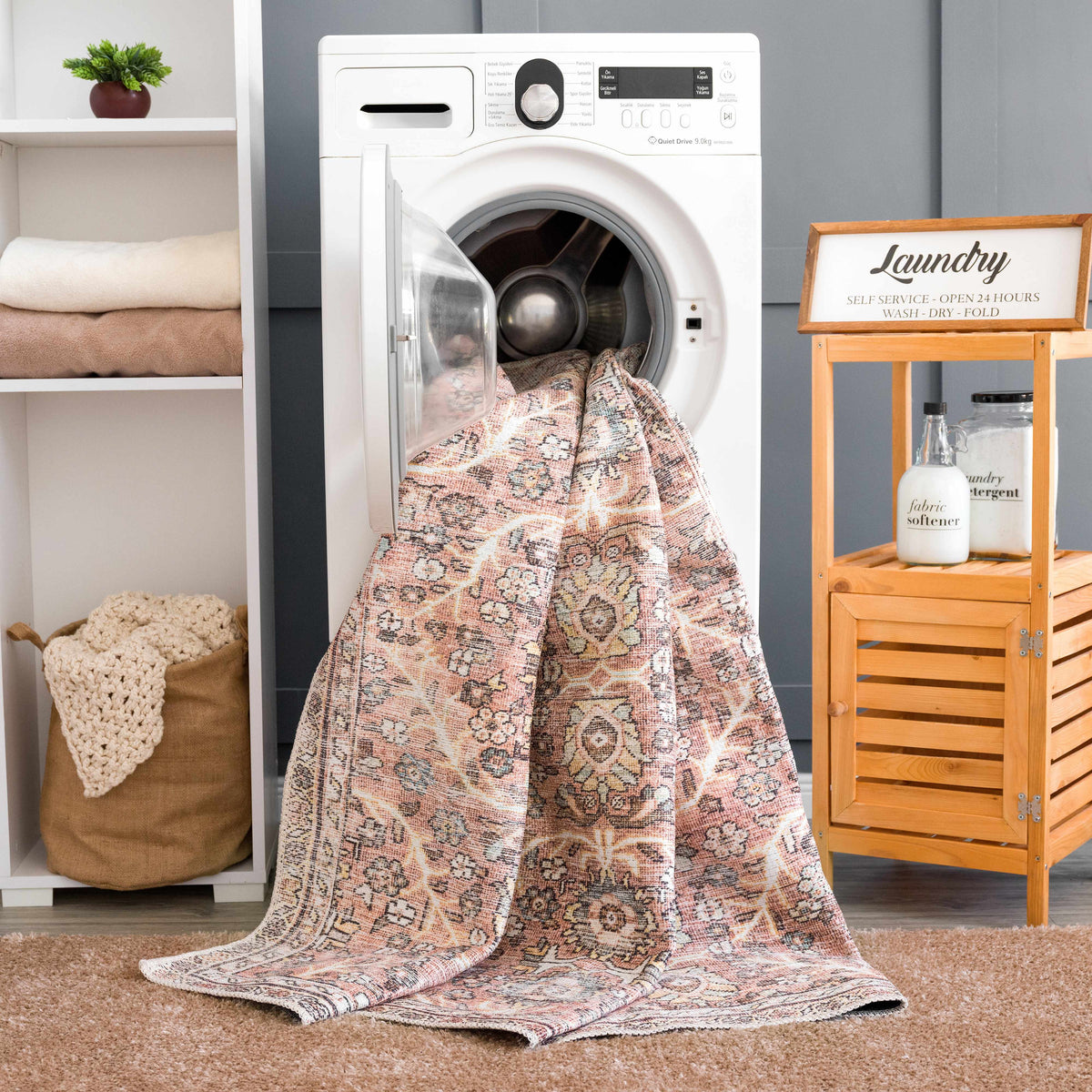 Hauteloom Urpi Rose and Brown washable area rug with floral pattern, soft fabric, and versatile design for living spaces.