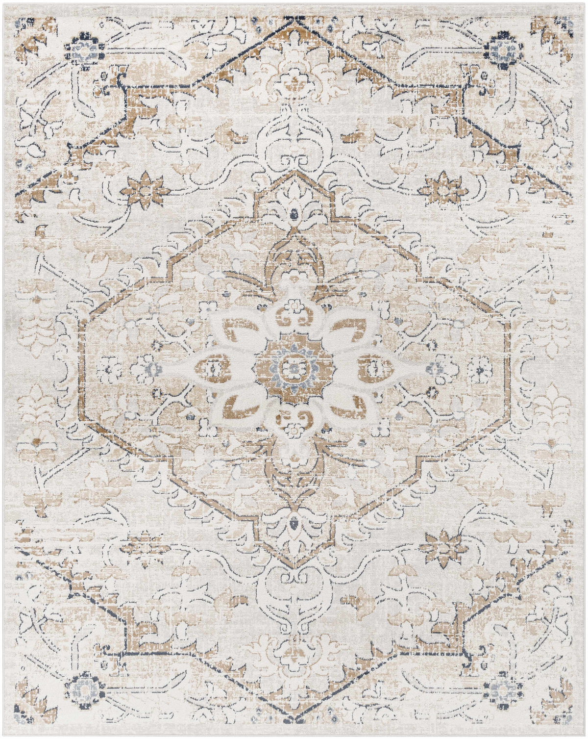 Hauteloom Mudgee Area Rug with intricate patterns in neutral tones, showcasing soft woven texture and detailed design.