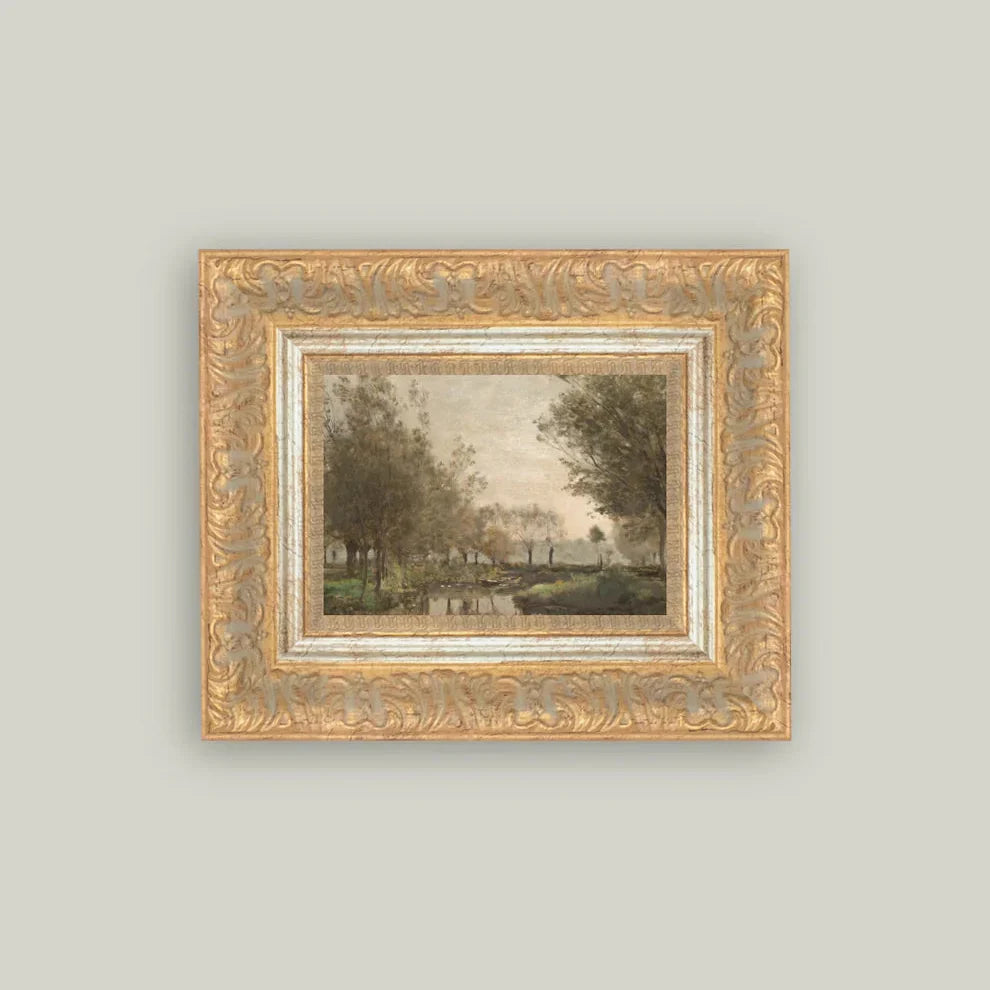 Framed landscape art print titled "The Creek" measuring 9x7 inches, vintage wall decor with scenic nature imagery.